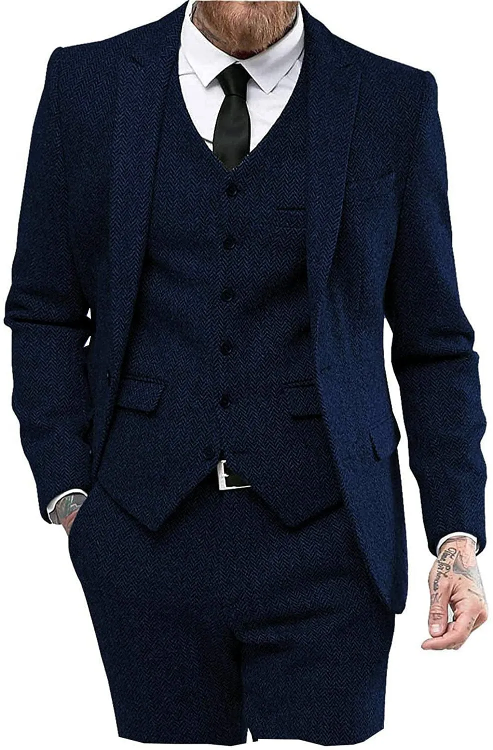 3 Piece Mens Suit Herringbone Peak Lapel Tuxedos (Blazer vest Pants)