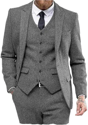 3 Piece Mens Suit Herringbone Peak Lapel Tuxedos (Blazer vest Pants)