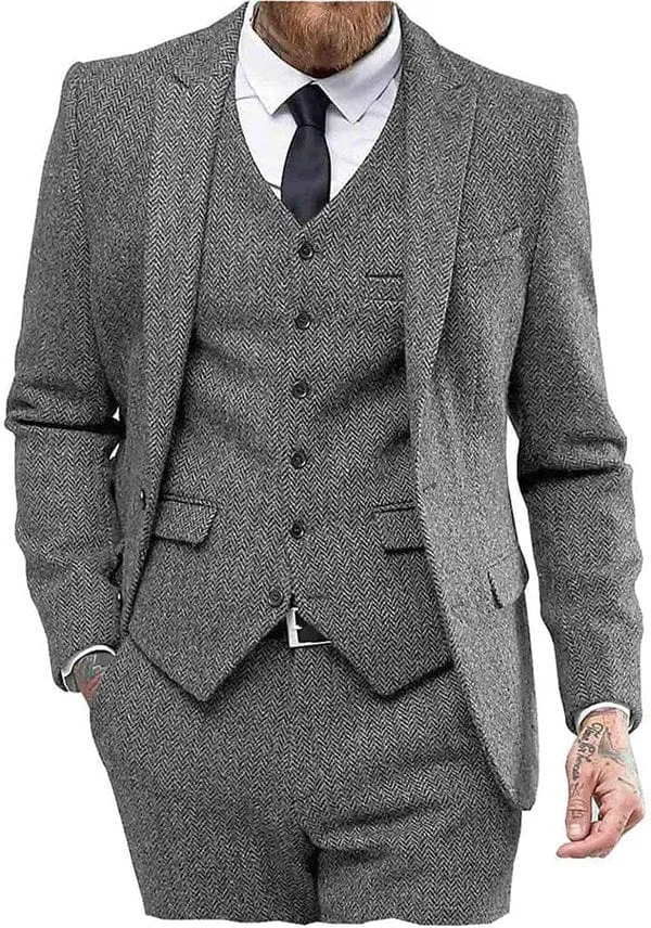 3 Piece Mens Suit Herringbone Peak Lapel Tuxedos (Blazer vest Pants)