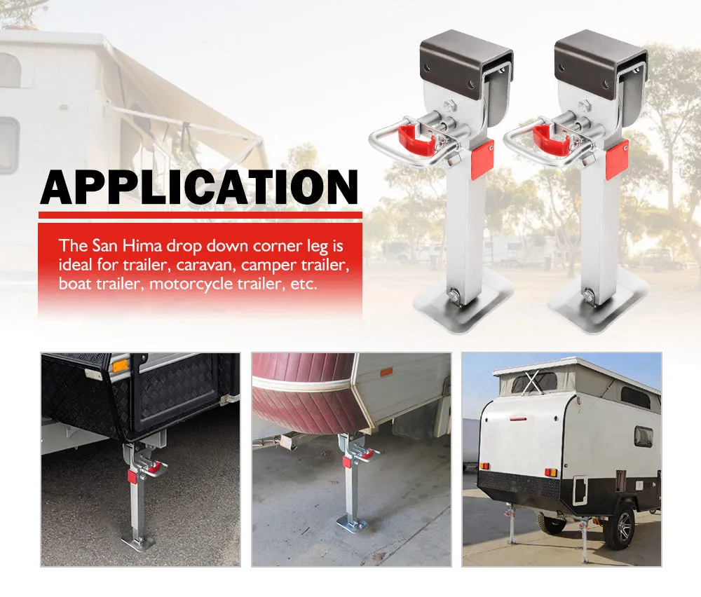 4x 470mm Drop Down Corner Legs Steadies & Handle Steel Foot Caravan Trailer