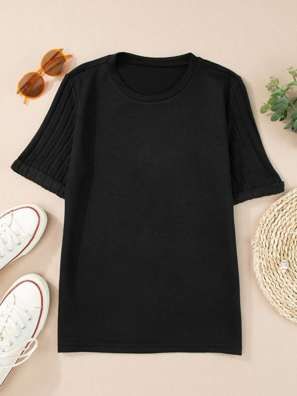 Black Ribbed Sleeve Patchwork Round Neck T-shirt