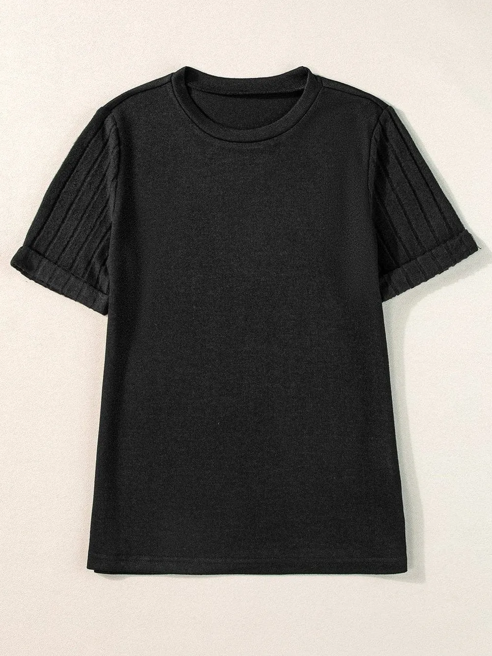 Black Ribbed Sleeve Patchwork Round Neck T-shirt