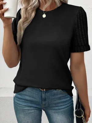 Black Ribbed Sleeve Patchwork Round Neck T-shirt