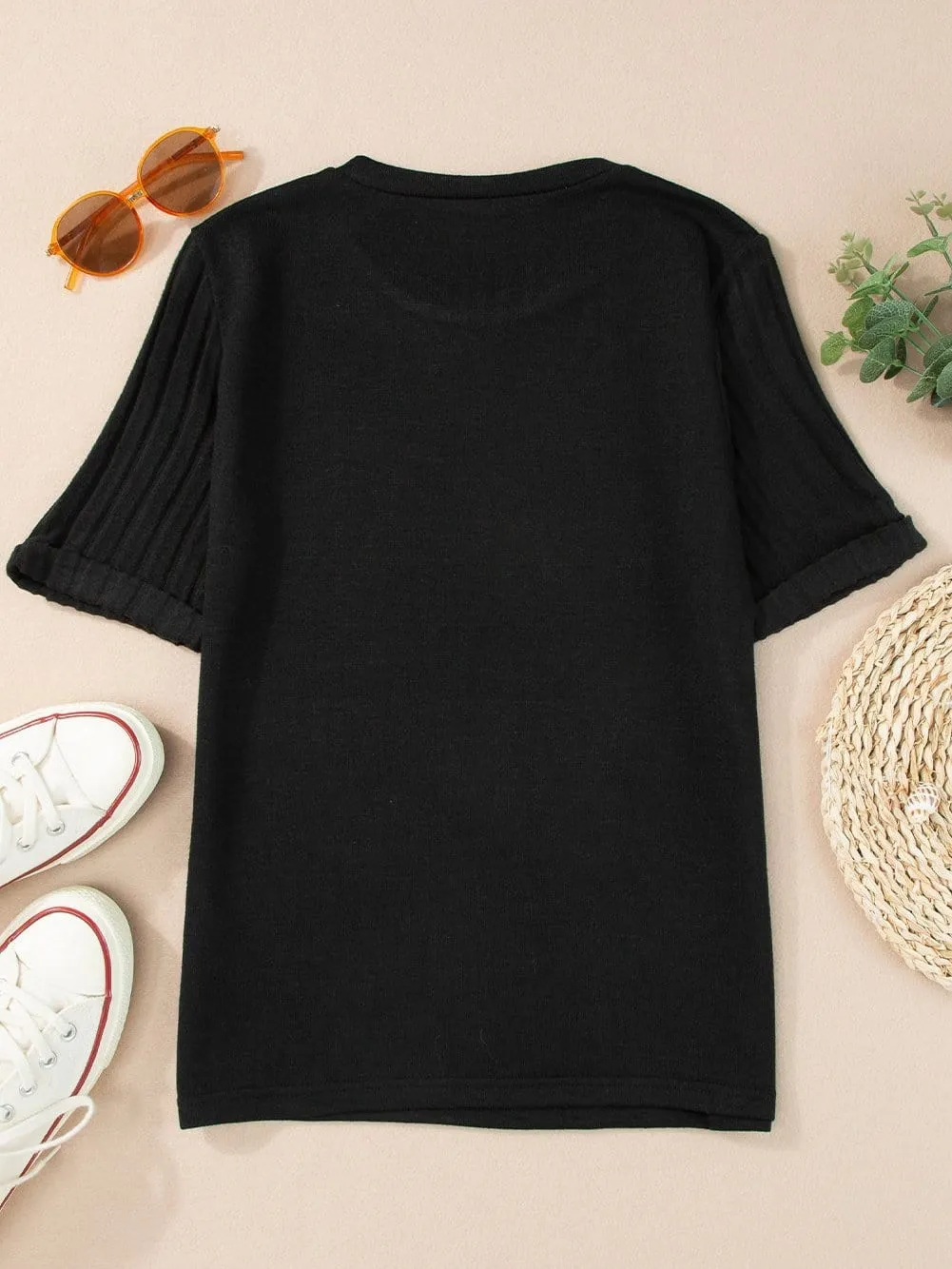 Black Ribbed Sleeve Patchwork Round Neck T-shirt