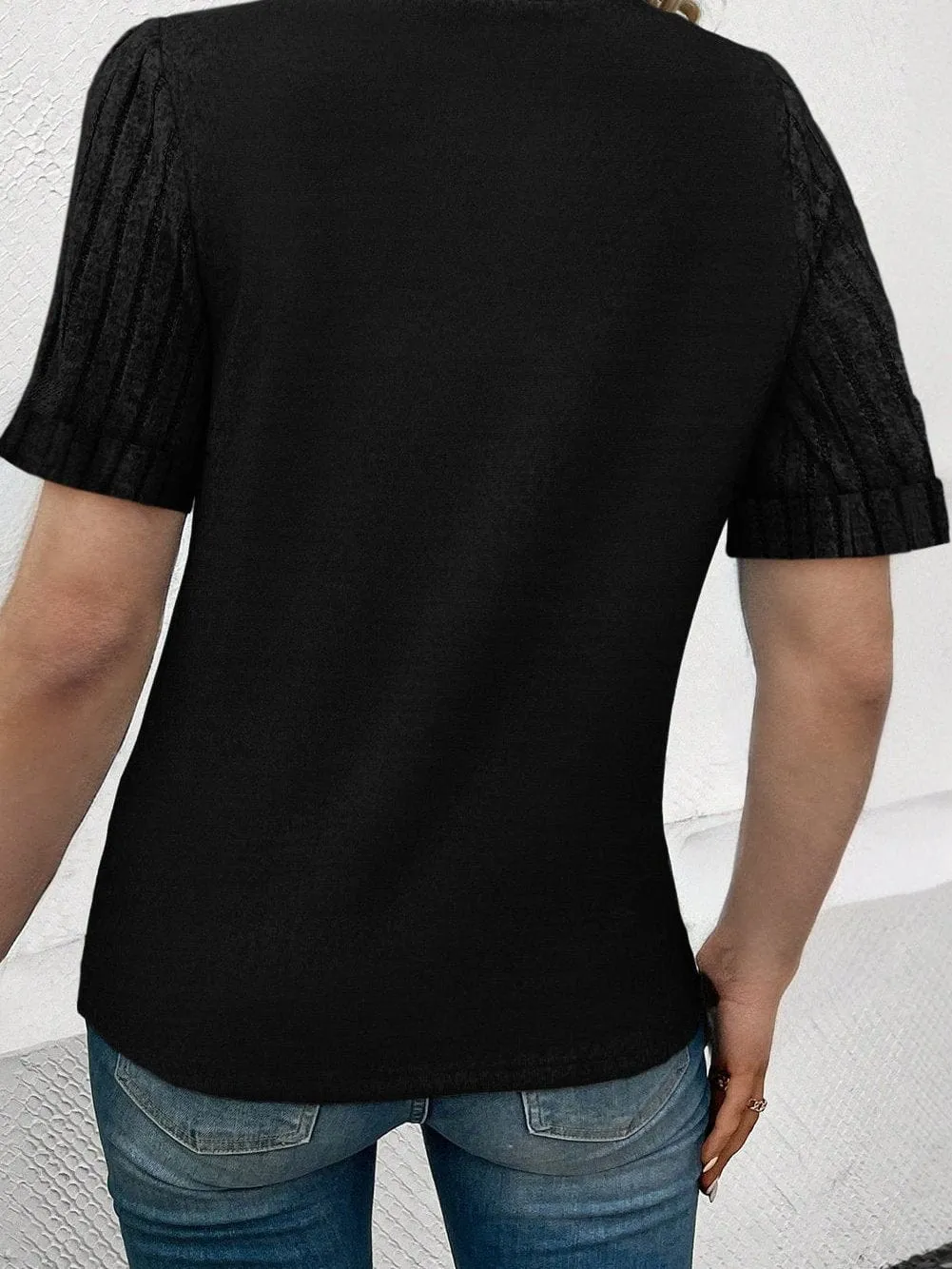 Black Ribbed Sleeve Patchwork Round Neck T-shirt