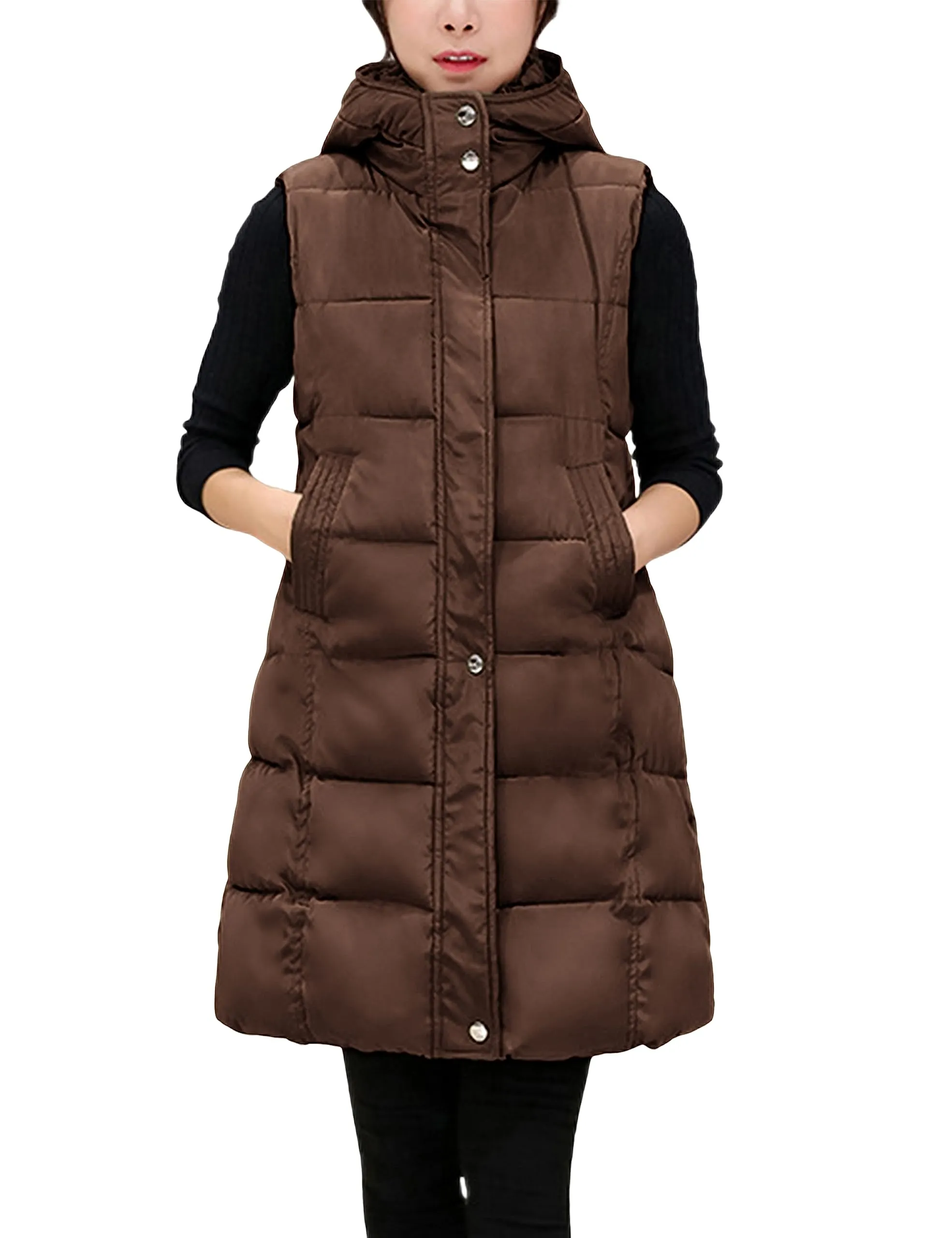 Brown Women's Long Puffer Vest Casual Sleeveless Puffy Jacket - Tanming