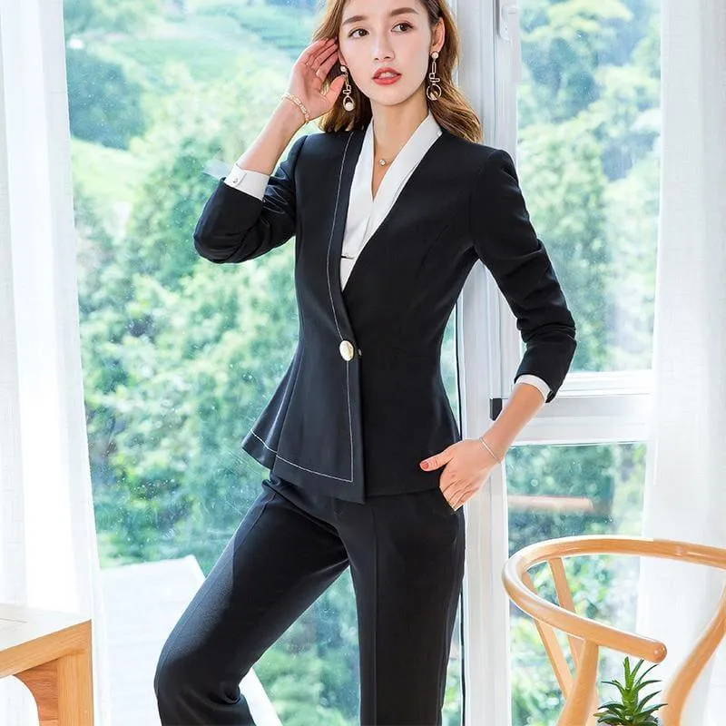 Business Formal Pant Suit V-Neck Jacket and Bell-bottom Trousers Suit