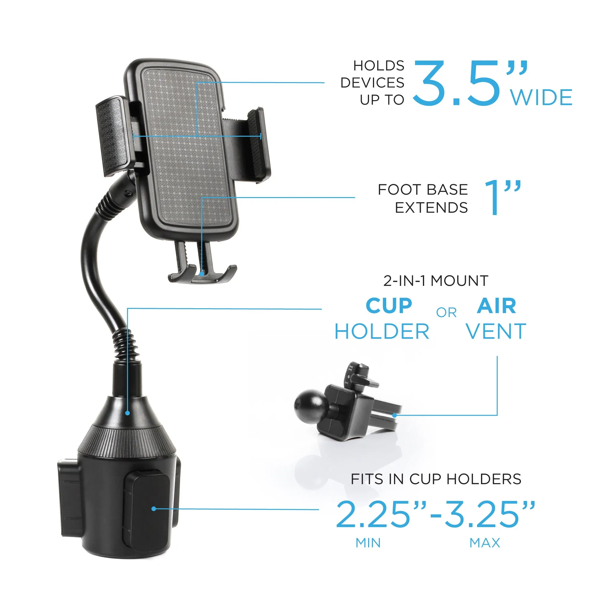 Cup Holder Phone Mount with Adjustable Base, Flexible Neck, & Air Vent Clip