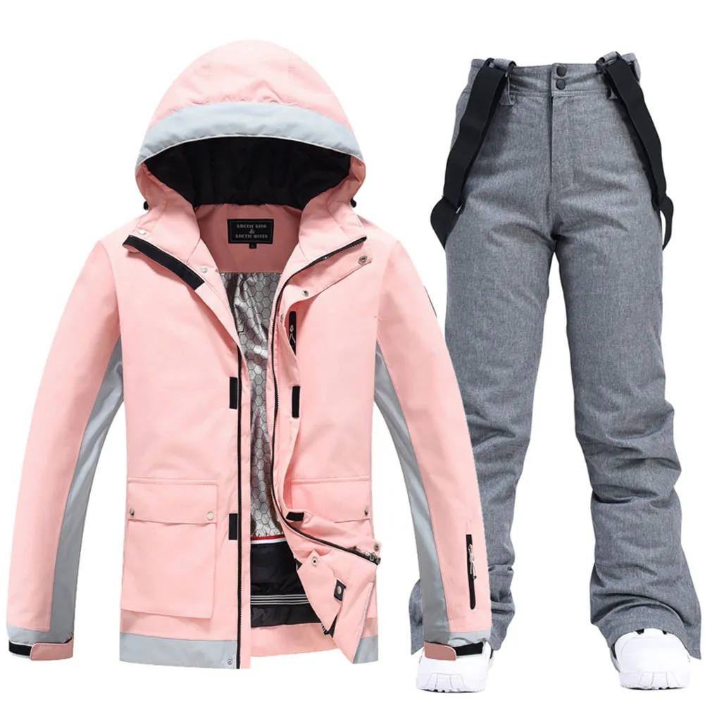 Female Windproof Pink Ski Suits Downhill Athletic Jacket & Bibs