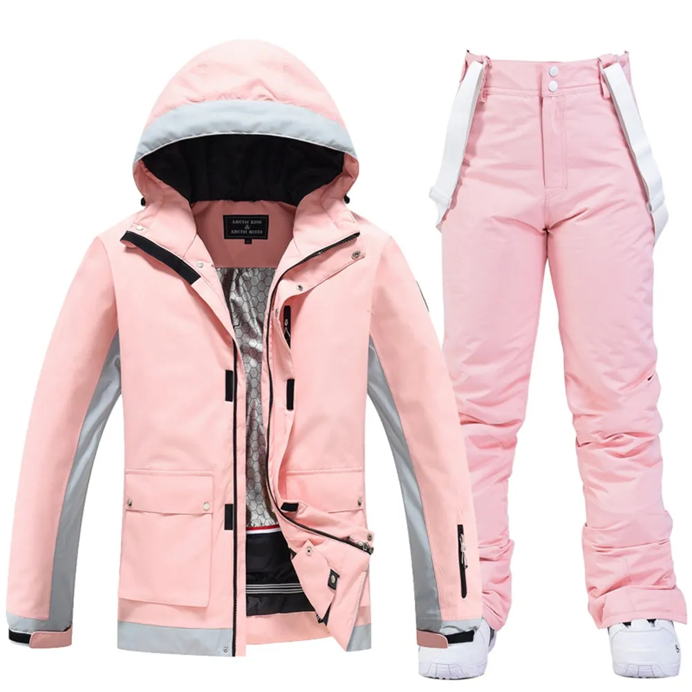 Female Windproof Pink Ski Suits Downhill Athletic Jacket & Bibs