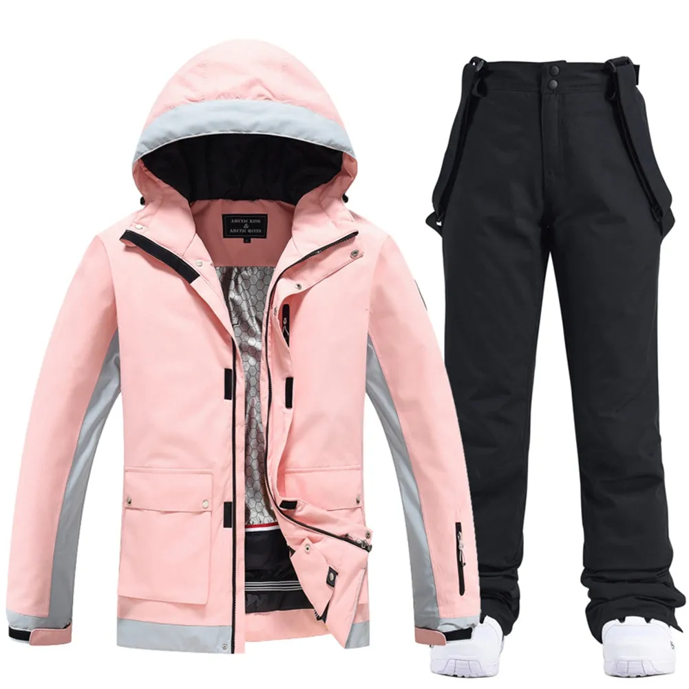 Female Windproof Pink Ski Suits Downhill Athletic Jacket & Bibs