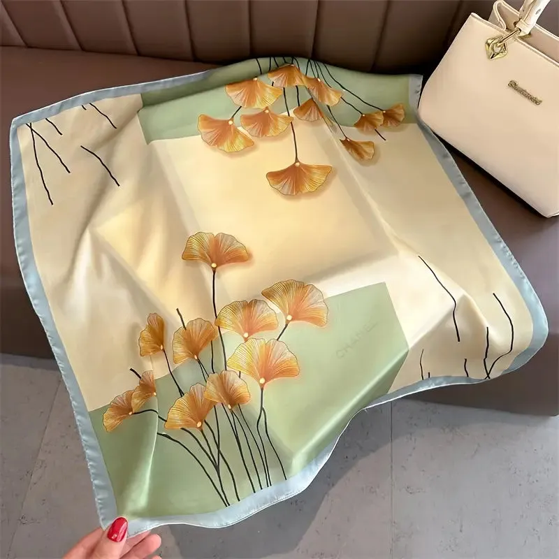 Ginkgo Leaf Printed Square Scarf Simulated Silk Soft Cozy Neck Scarf For Women