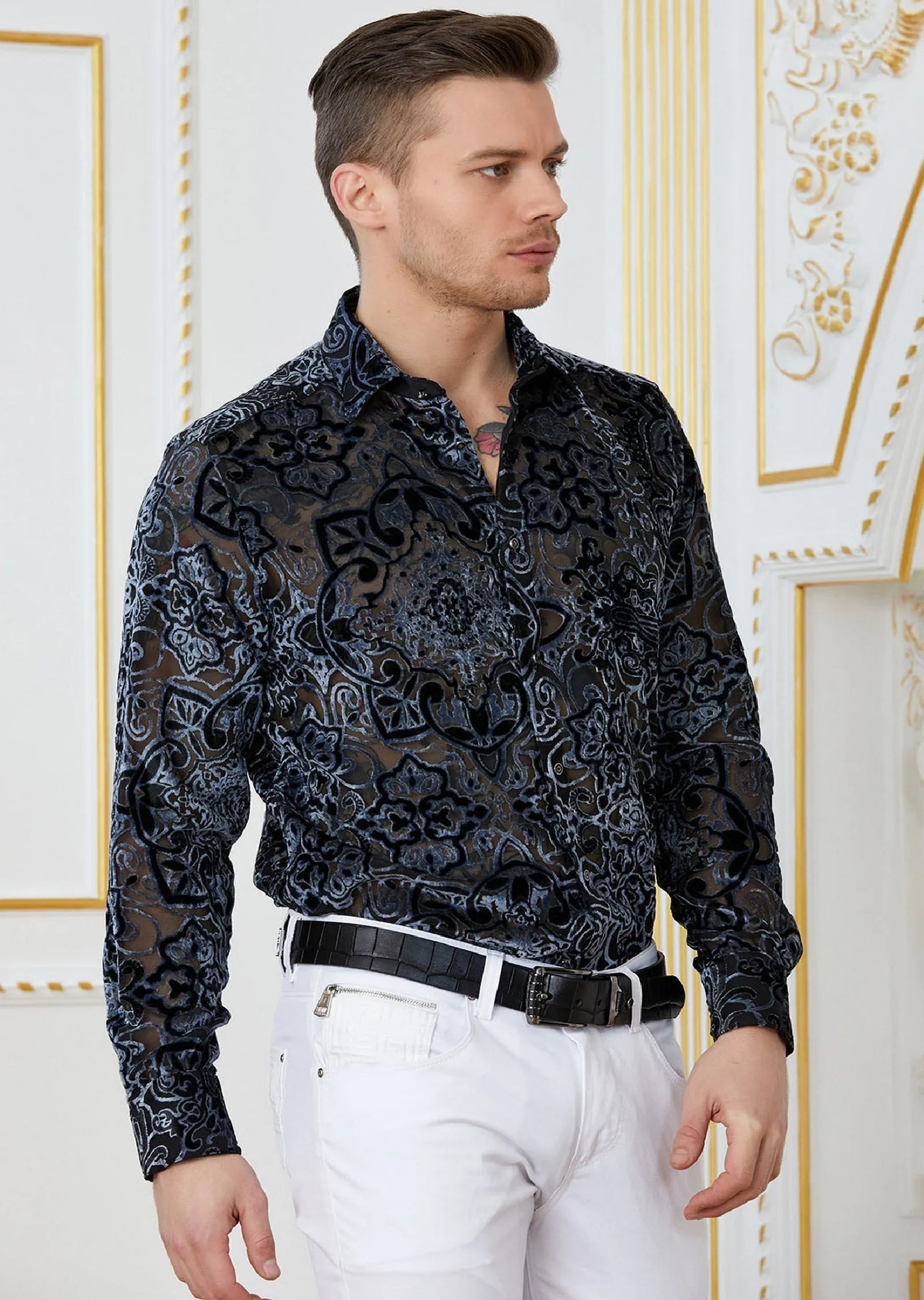 Gray Baroque Burnout Velvet Shirt