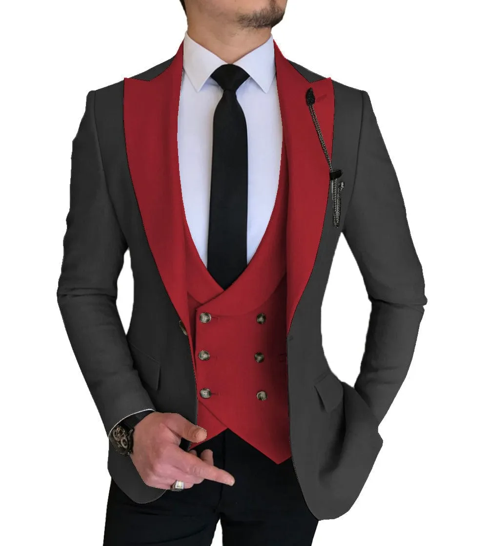 Mens 3 Piece Slim Fit Vest Solid Peak Lapel Tuxedo (Blazer   Vest   Pants)