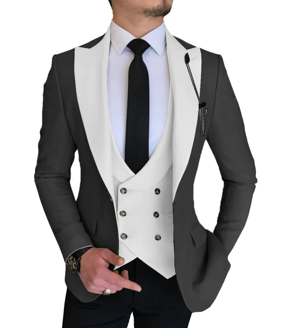 Mens 3 Piece Slim Fit Vest Solid Peak Lapel Tuxedo (Blazer   Vest   Pants)