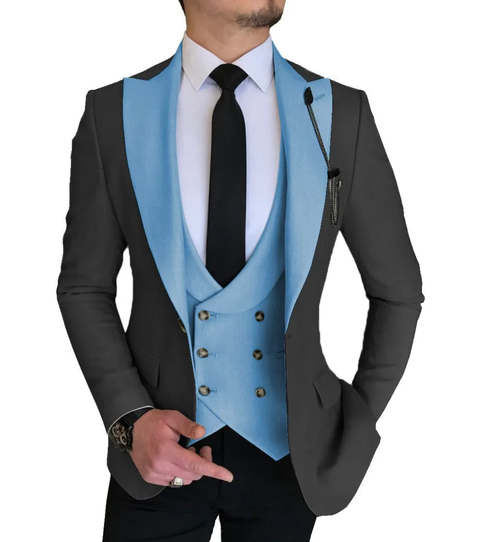 Mens 3 Piece Slim Fit Vest Solid Peak Lapel Tuxedo (Blazer   Vest   Pants)