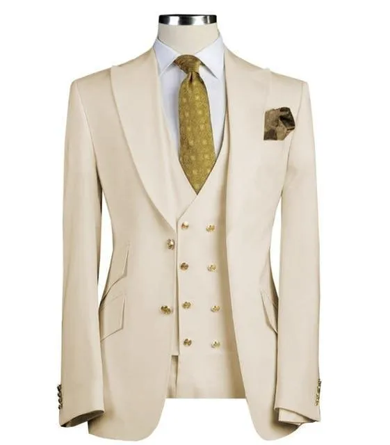 Men's Suit, Three Piece Suit, Slim Fit Wedding Suit, Beige