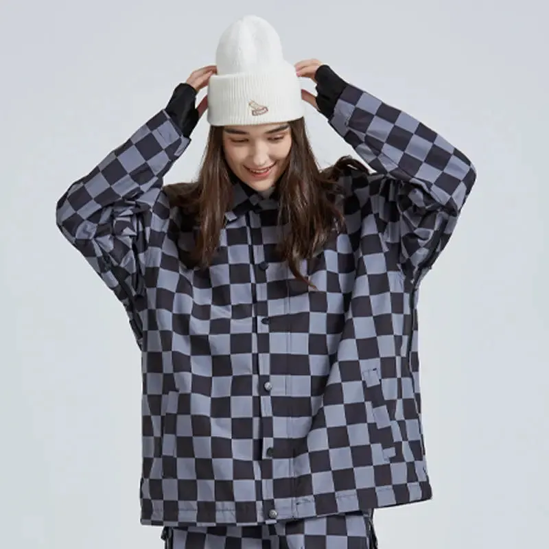 Stylish Checkerboard Ski Shirts Insulated Button-up Snow Coat