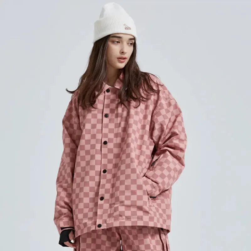 Stylish Checkerboard Ski Shirts Insulated Button-up Snow Coat